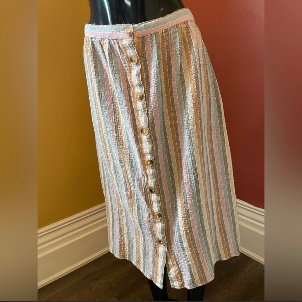 Striped Pastel Vintage Maxi Skirt with Tortoise Shell Button Detail